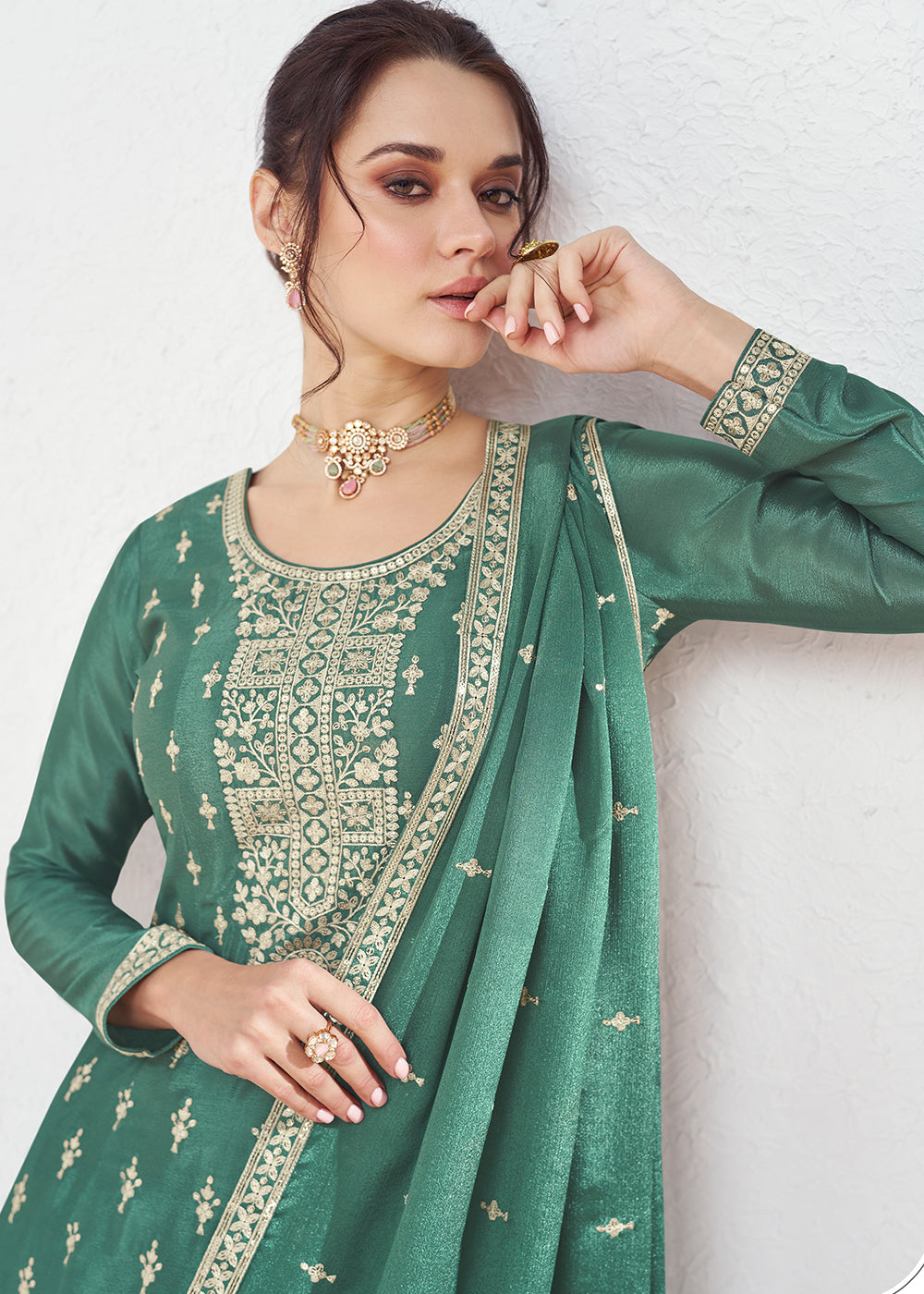 Munsell Green Chinon Silk Embroidered Plazzo Suit