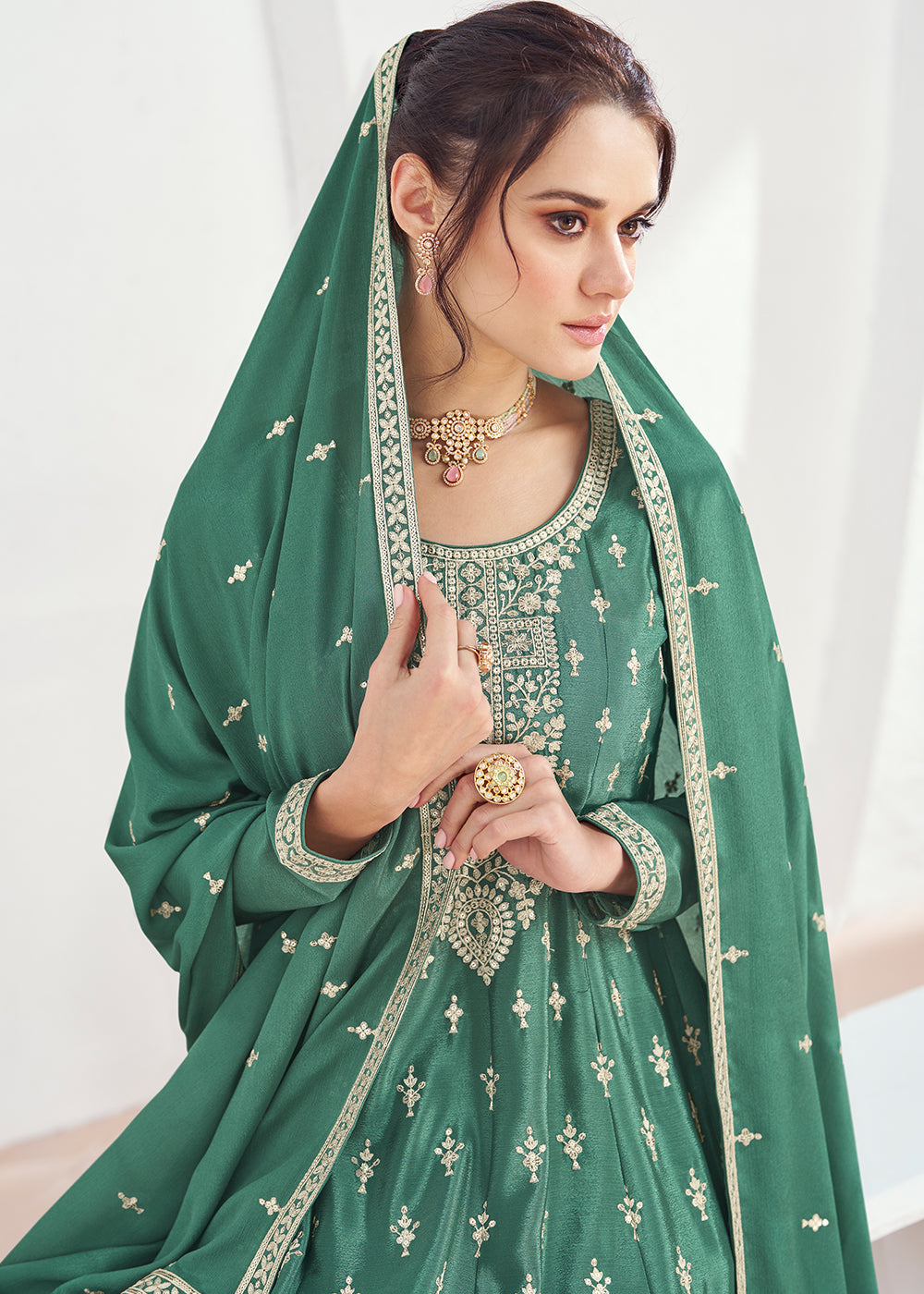 Munsell Green Chinon Silk Embroidered Plazzo Suit