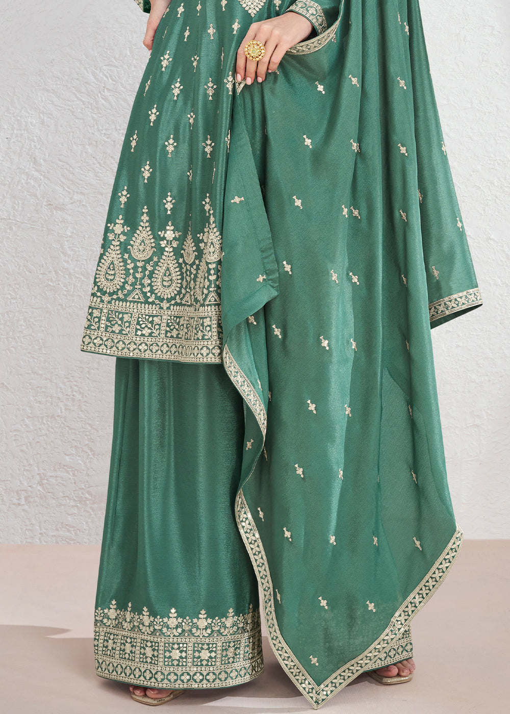 Munsell Green Chinon Silk Embroidered Plazzo Suit