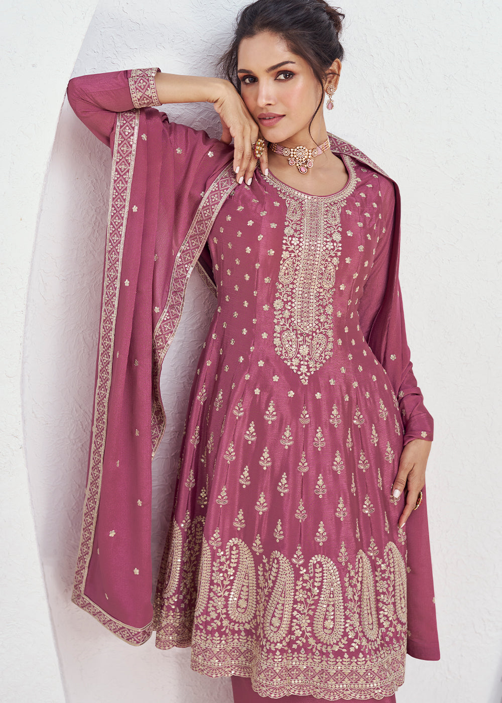 Cardinal Purple Chinon Silk Embroidered Plazzo Suit