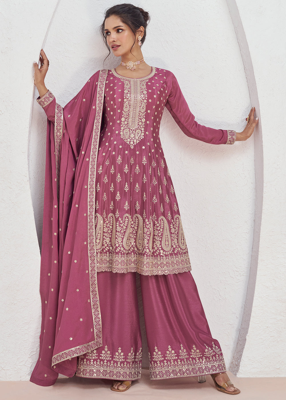 Cardinal Purple Chinon Silk Embroidered Plazzo Suit