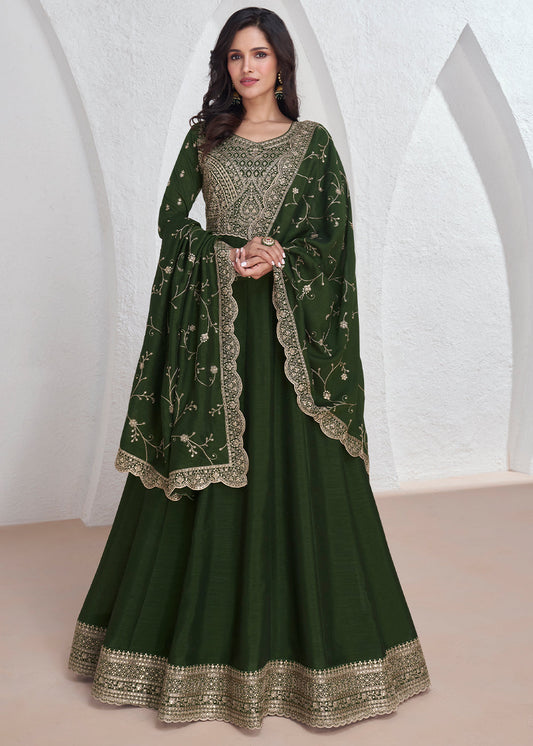 Mehendi Green Silk Anarkali Suit with Embroidery work