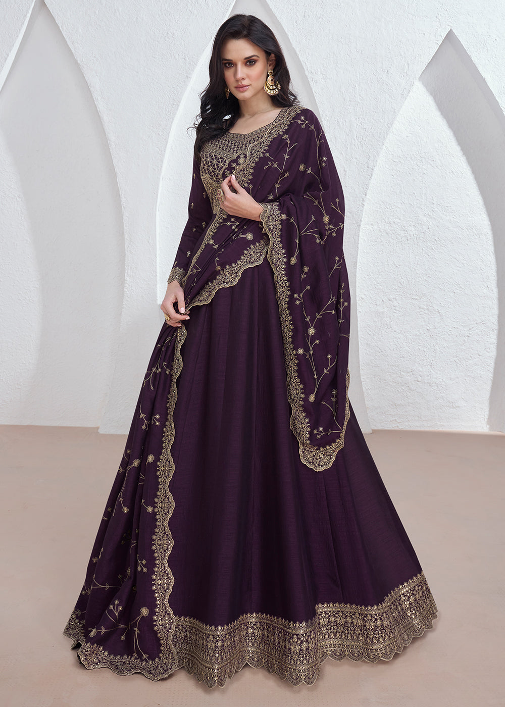 Eggplant Purple Silk Anarkali Suit with Embroidery work