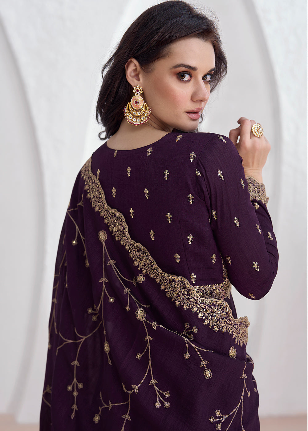 Eggplant Purple Silk Anarkali Suit with Embroidery work