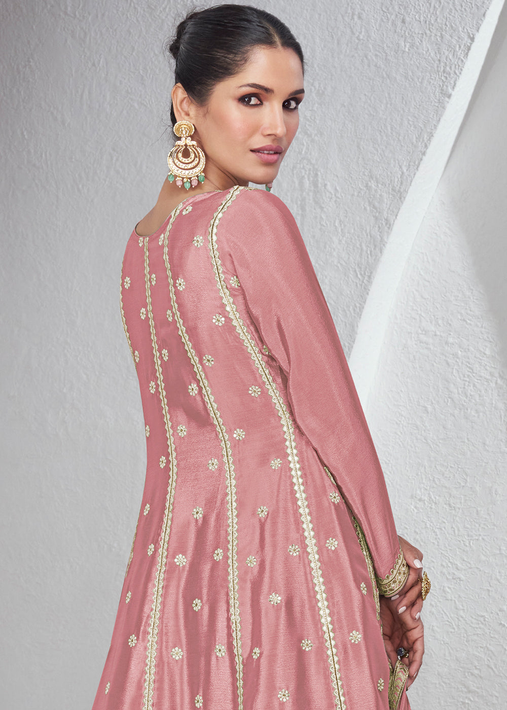 Peach Pink Chinon Silk Plazzo Suit with Beautiful Embroidery work