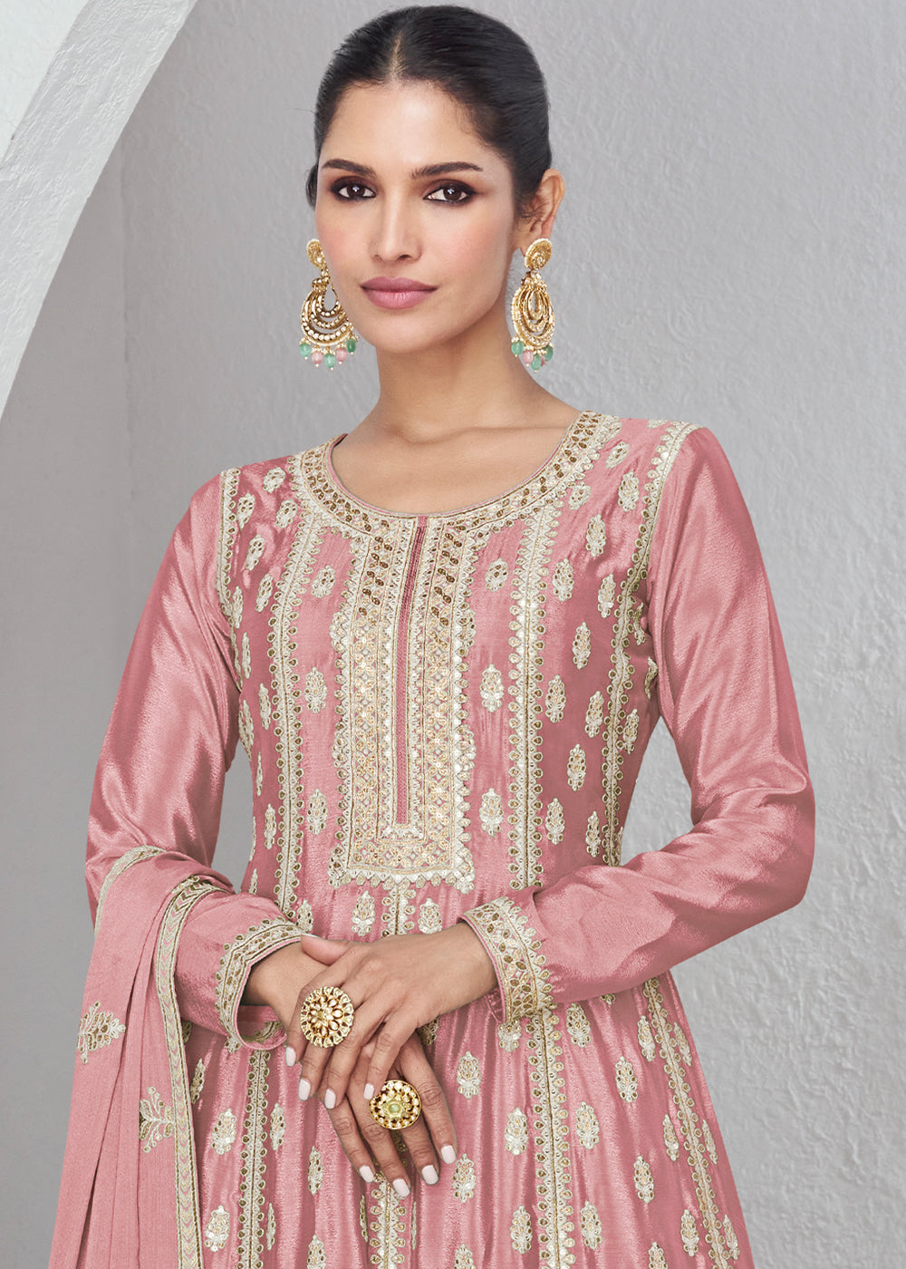 Peach Pink Chinon Silk Plazzo Suit with Beautiful Embroidery work