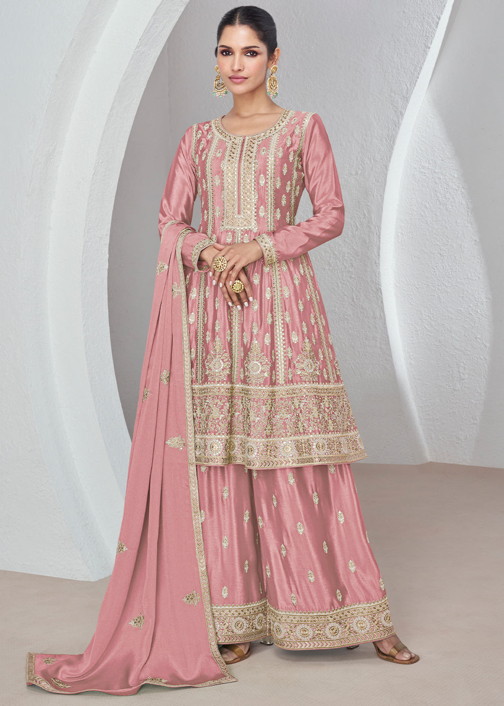 Peach Pink Chinon Silk Plazzo Suit with Beautiful Embroidery work