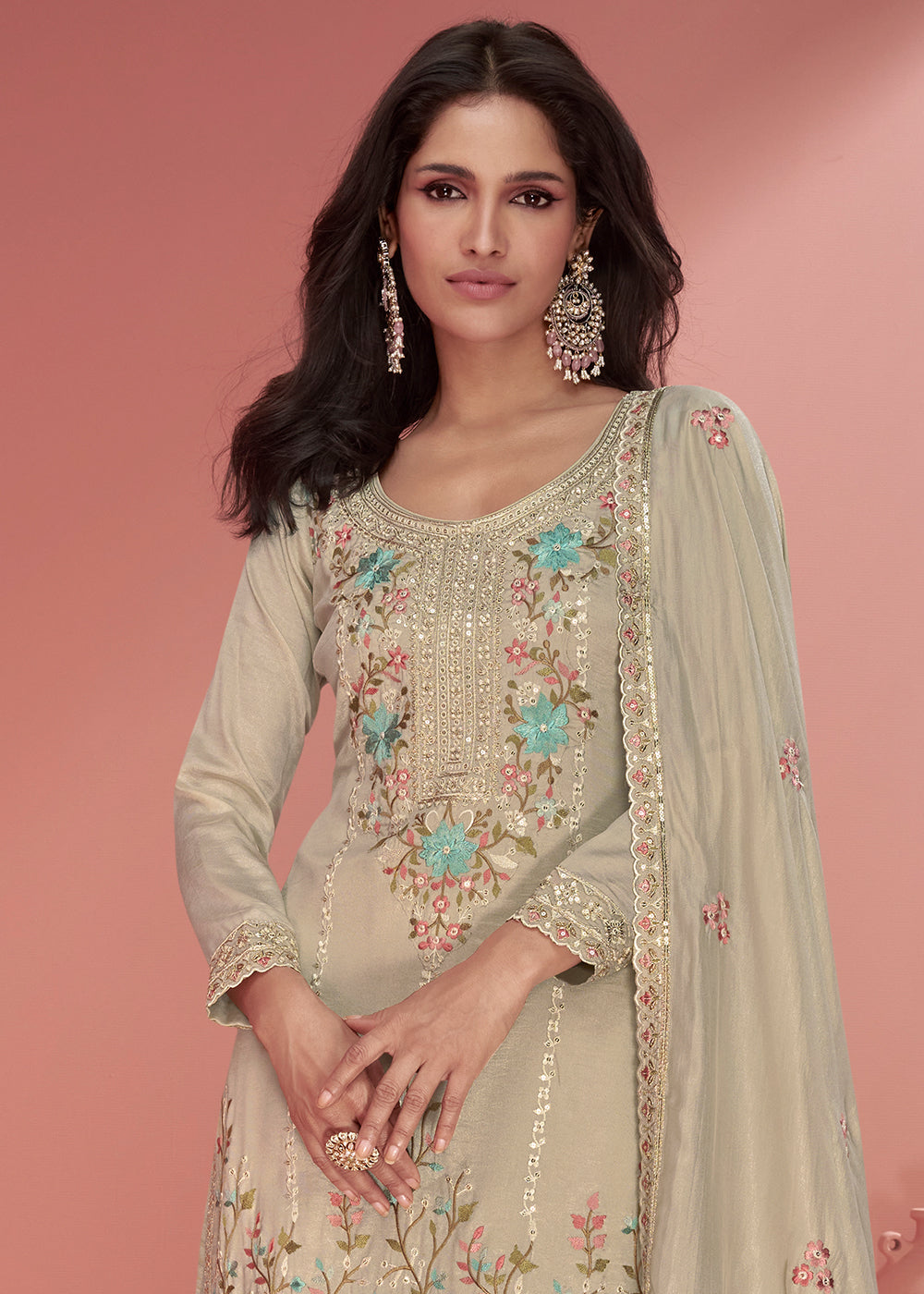 Greyish Brown Floral Embroidered Organza Silk Plazzo Suit