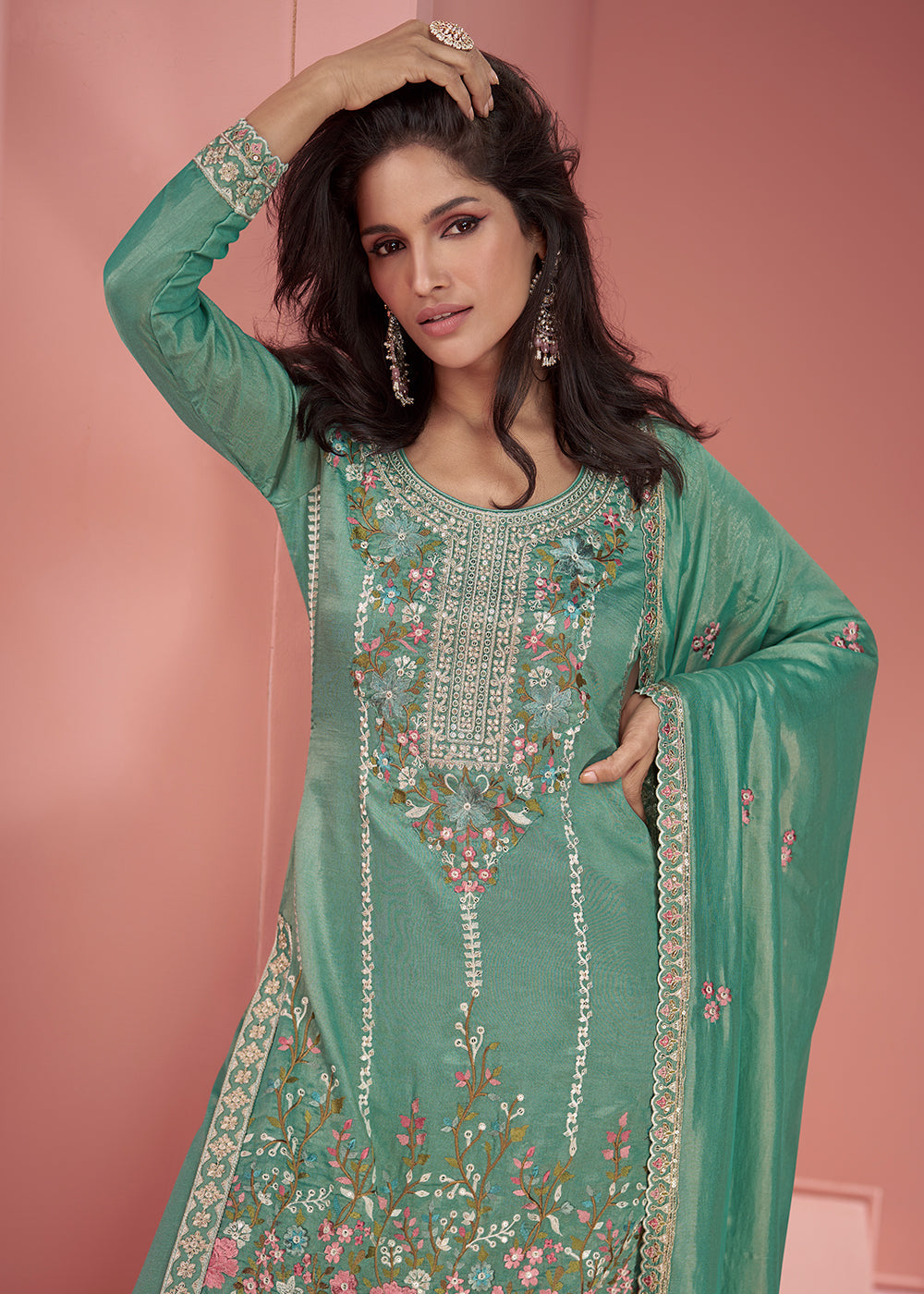 Shades Of Green Floral Embroidered Organza Silk Plazzo Suit