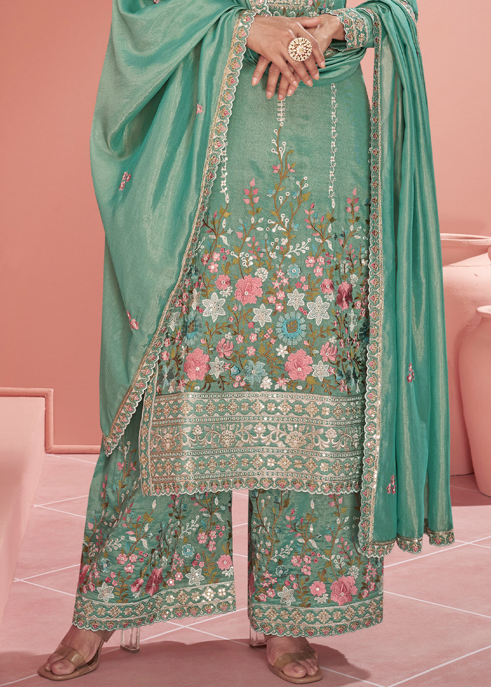 Shades Of Green Floral Embroidered Organza Silk Plazzo Suit