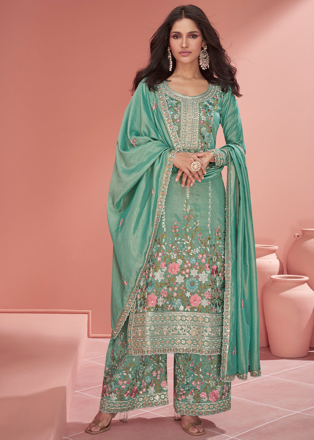 Shades Of Green Floral Embroidered Organza Silk Plazzo Suit