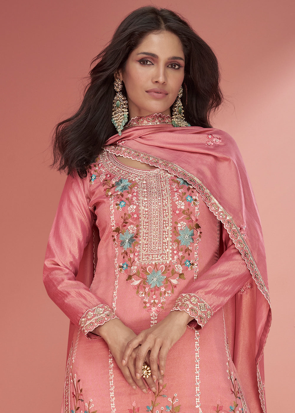 Brick Pink Floral Embroidered Organza Silk Plazzo Suit