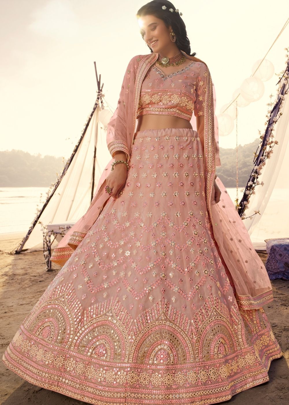 Salmon Pink Organza Lehenga Choli with Thread, Foli and Mirror work (Pre-Order)