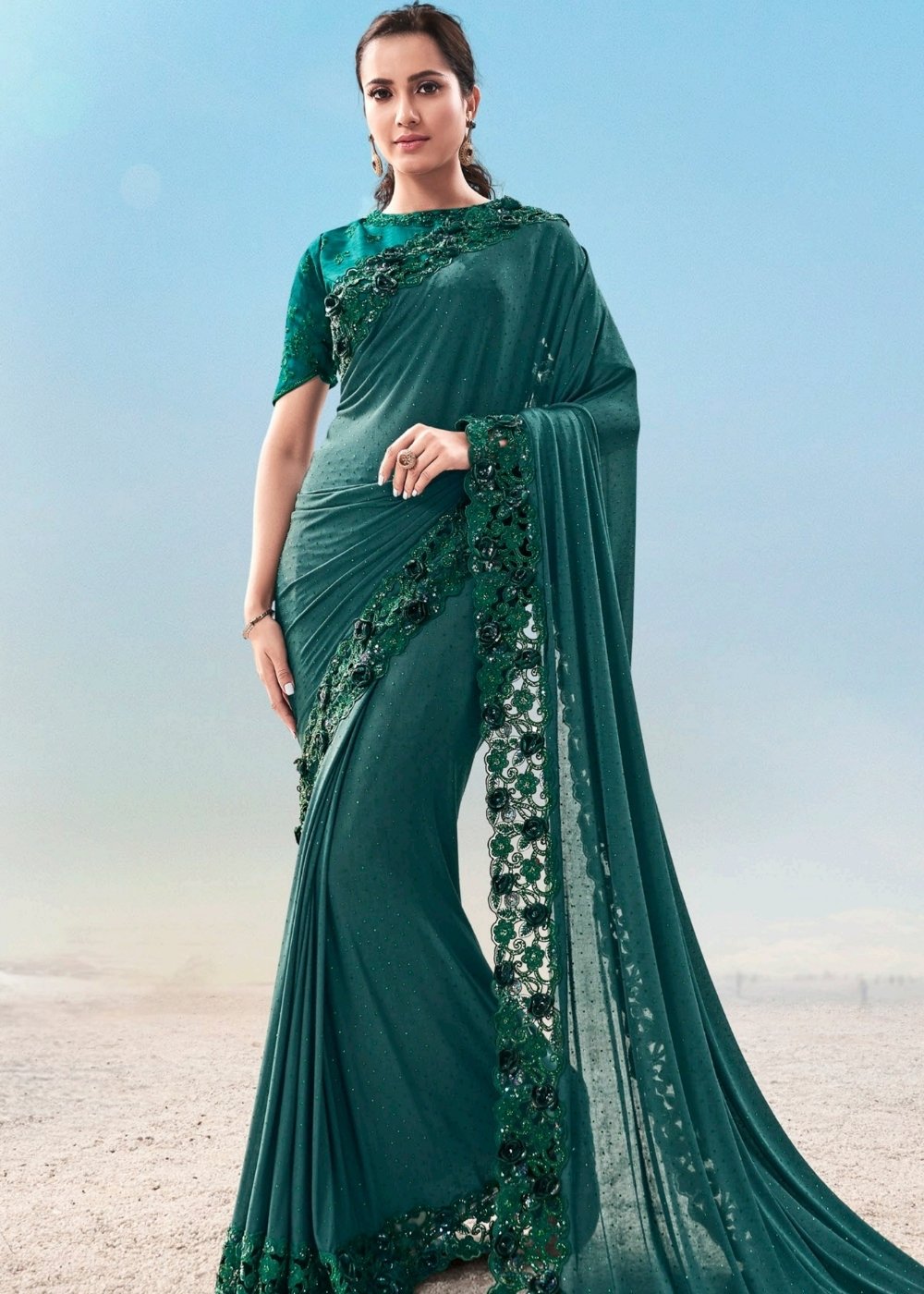 Turquoise Green Georgette Saree with Jari Thread and Diamond work