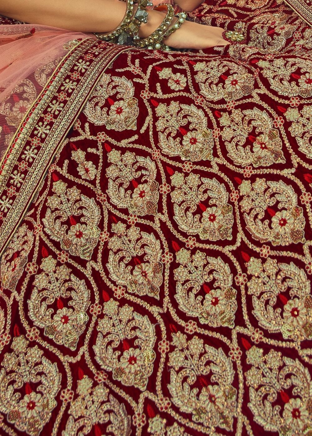 Mahogany Red Bridal Velvet Lehenga Choli with Embroidery & Hand work