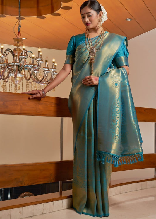 Teal Blue Zari Woven Kanjivaram Silk Saree