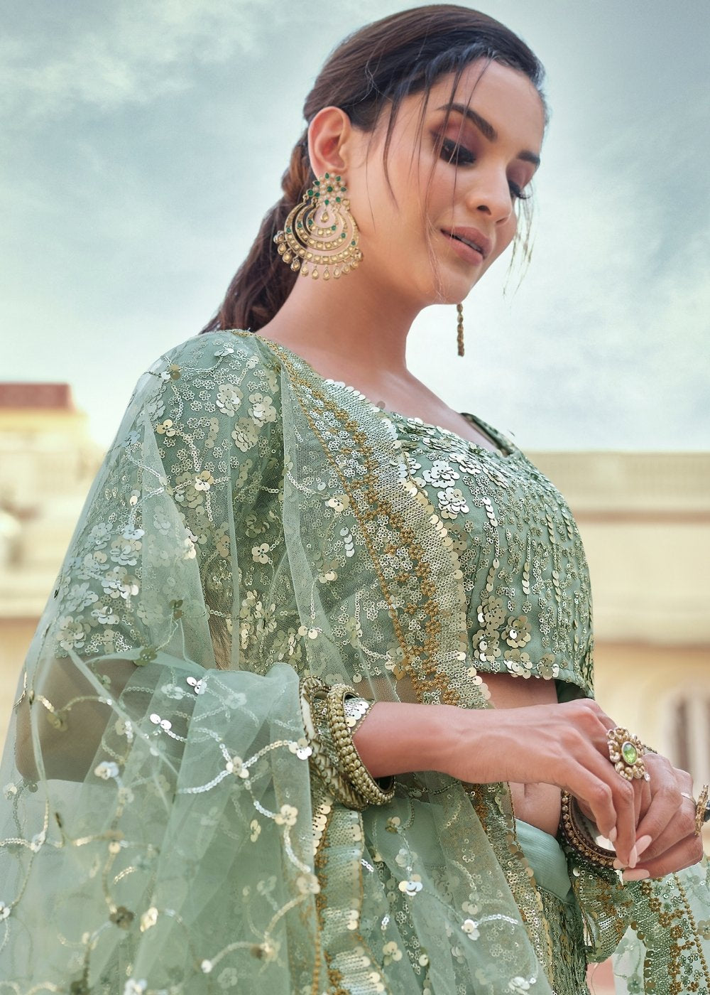 Frog Green Soft Net Lehenga Choli with Sequins, Thread & Stone work