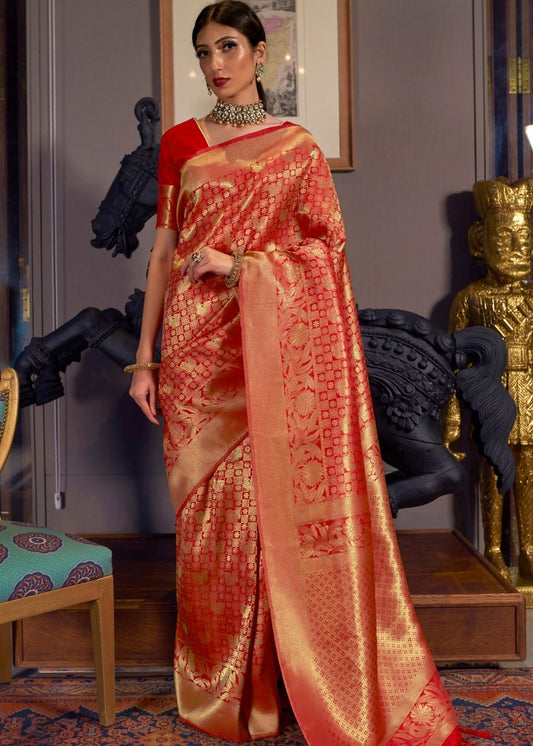 Tomato Red and Golden Blend Kanjivaram Soft Woven Silk Saree