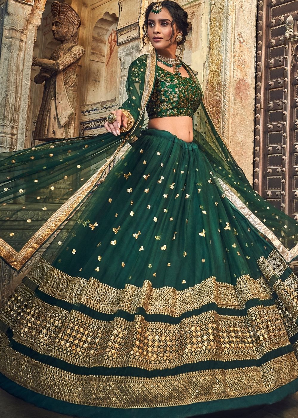 Sacramento Green Soft Net Lehenga Choli with Sequins & Zari work