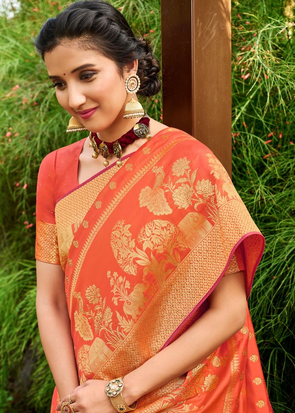 Coral Orange Zari Woven Banarasi Silk Saree: Top Pick