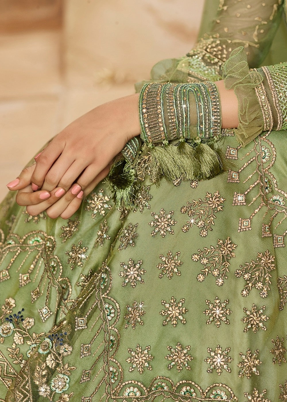 Green Heavy Embroidered Net Anarkali