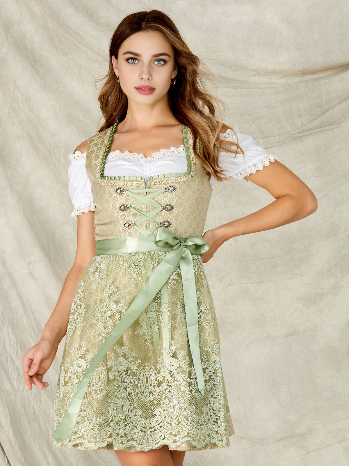 Damen Grün Reißverschluss Vorne Zwei verdeckte Eingriffstaschen Dirndl BEA