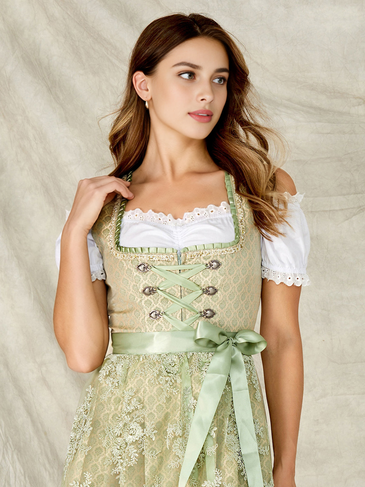 Damen Grün Reißverschluss Vorne Zwei verdeckte Eingriffstaschen Dirndl BEA