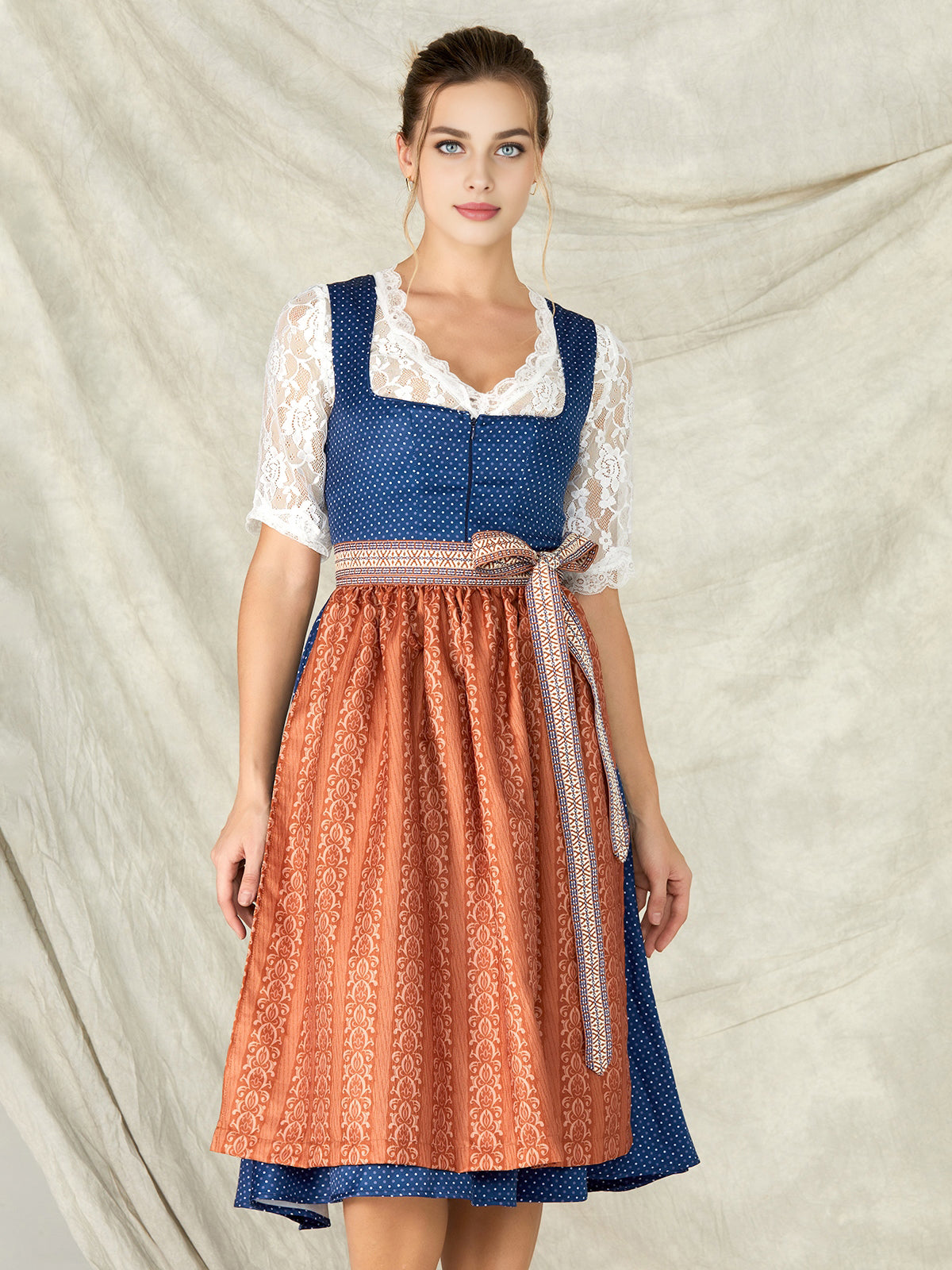 Damen Blau Reißverschluss Vorne Zwei verdeckte Eingriffstaschen Dirndl JOSEPHINE