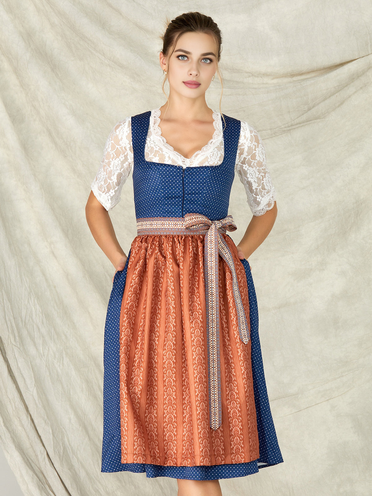 Damen Blau Reißverschluss Vorne Zwei verdeckte Eingriffstaschen Dirndl JOSEPHINE