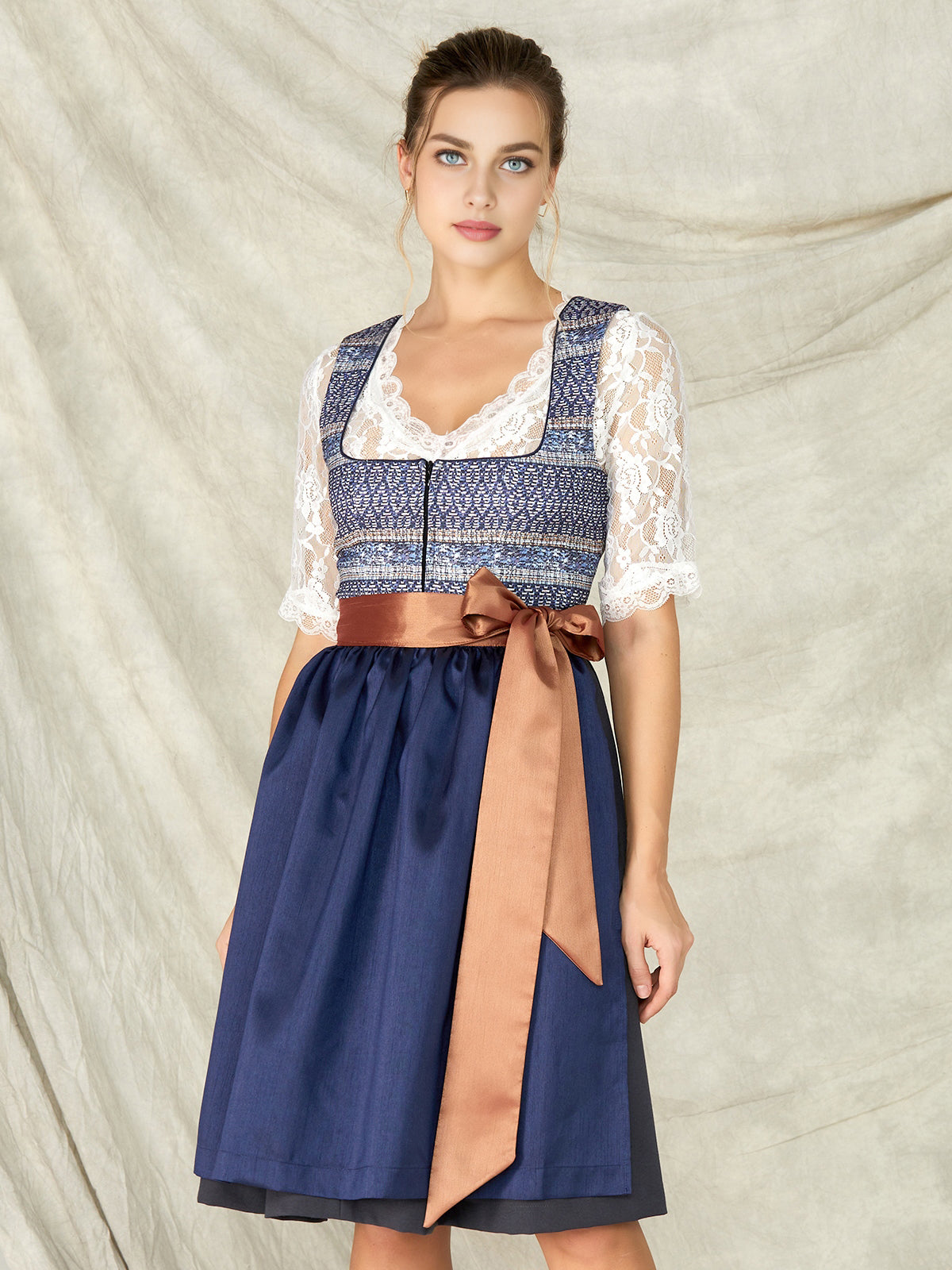 Damen Blau Reißverschluss Vorne Zwei verdeckte Eingriffstaschen Dirndl LOTTA