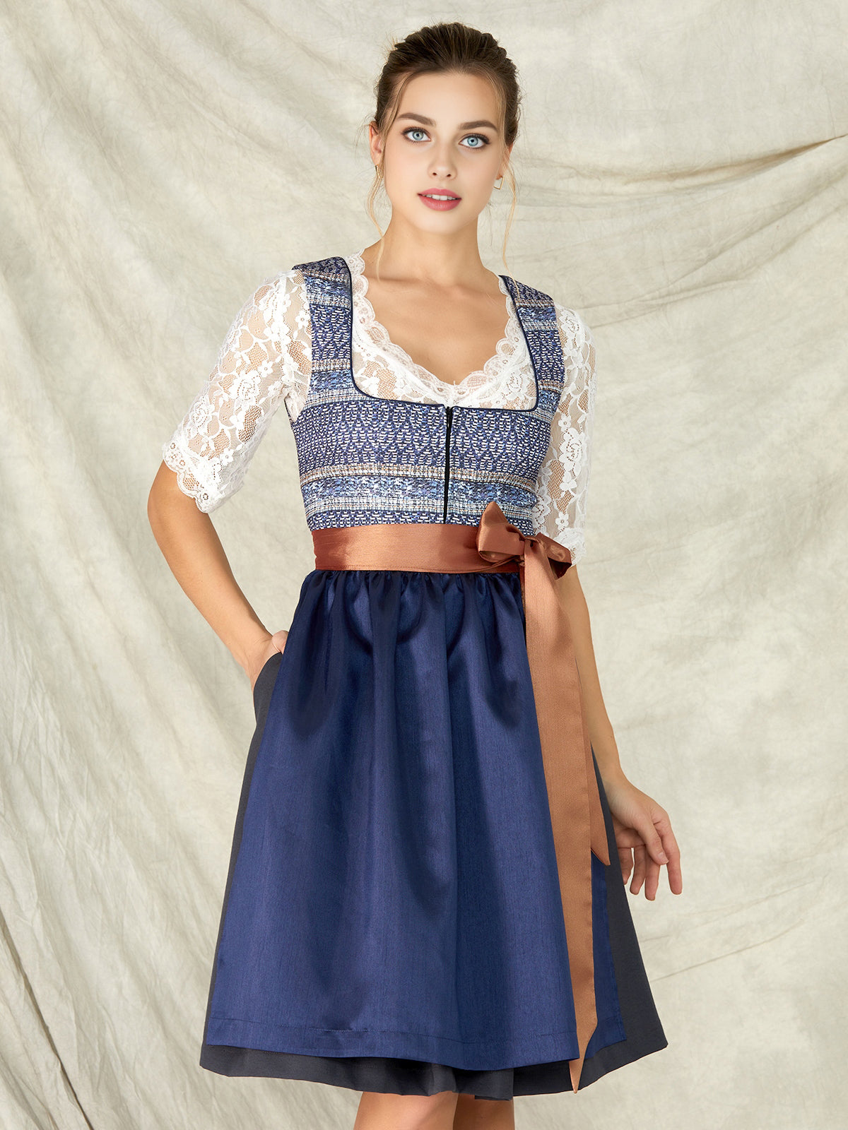 Damen Blau Reißverschluss Vorne Zwei verdeckte Eingriffstaschen Dirndl LOTTA