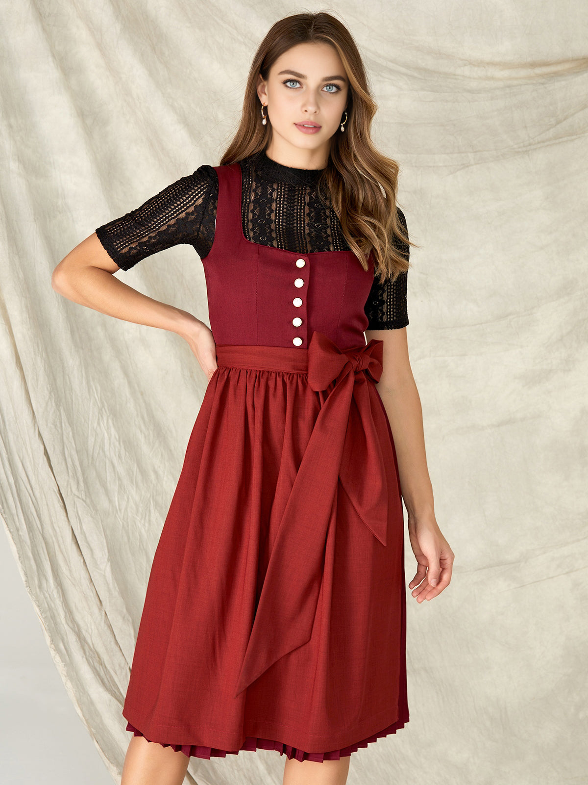 Damen Rot Knöpfen Kein Eingriffstaschen Dirndl CICI