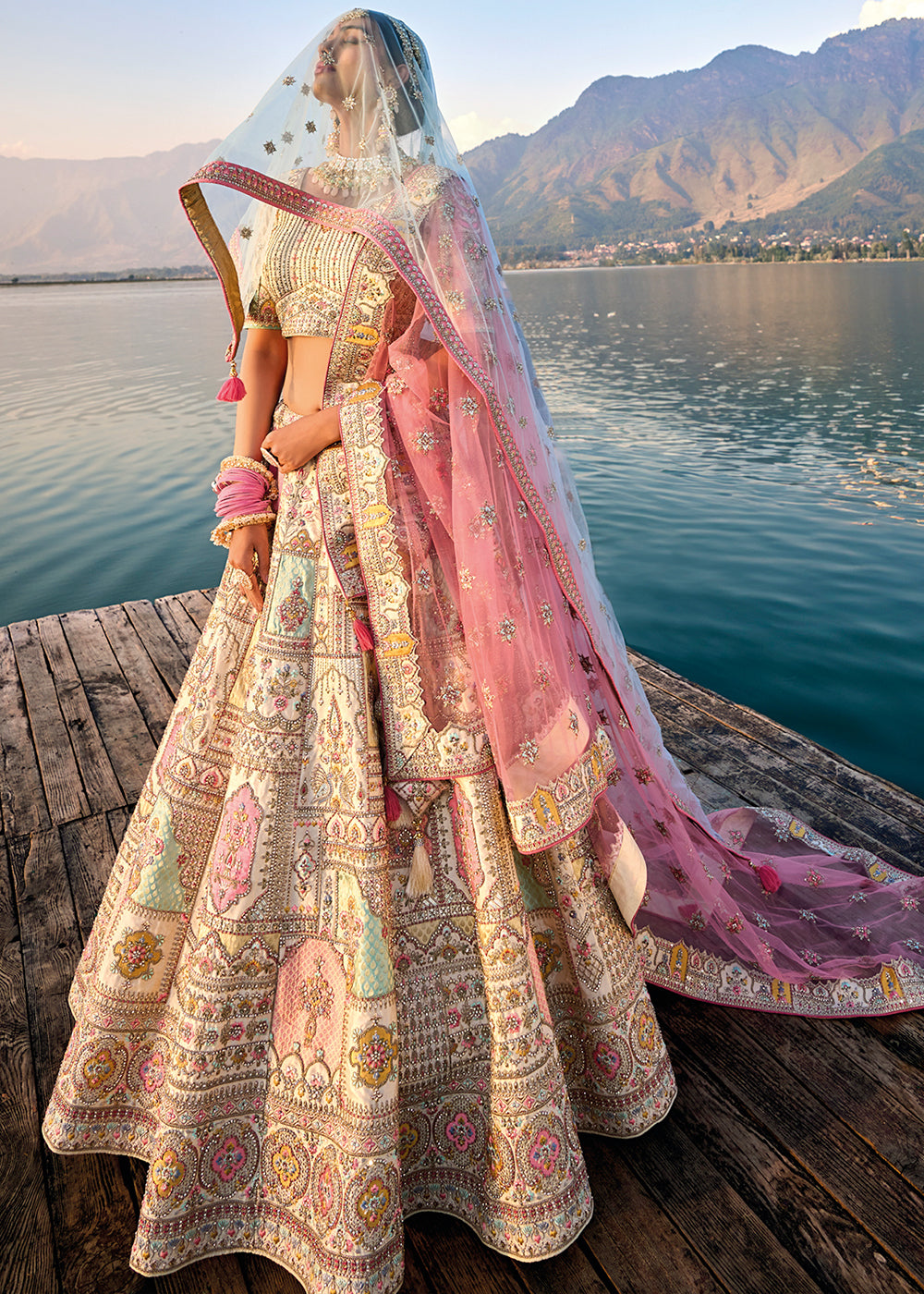 Cream White Banarasi Silk Bridal Lehenga Choli with Heavy Embroidery Work: Top Pick