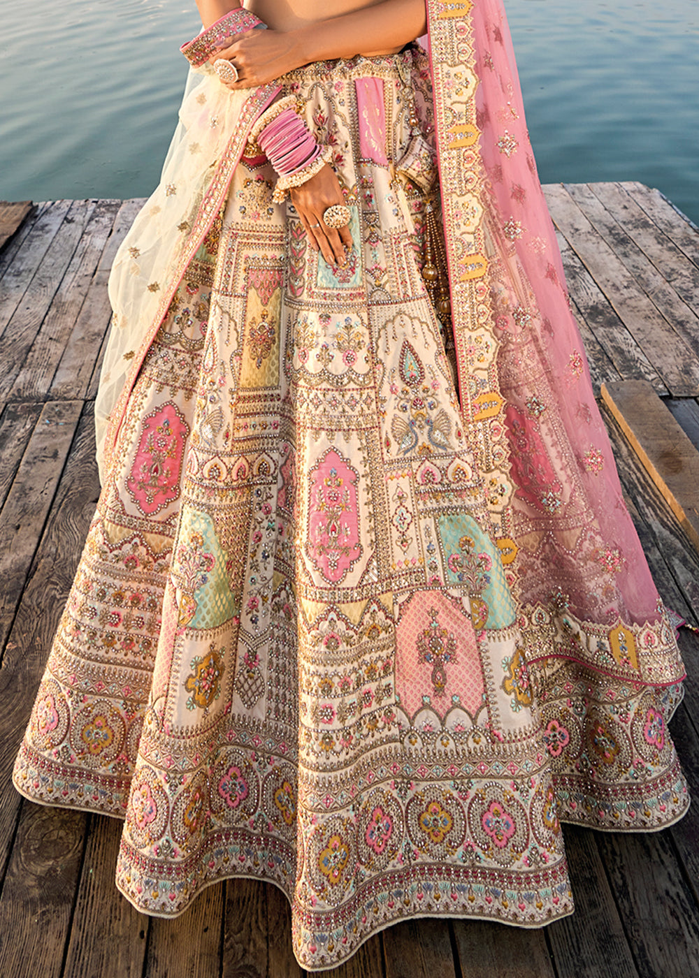 Cream White Banarasi Silk Bridal Lehenga Choli with Heavy Embroidery Work: Top Pick