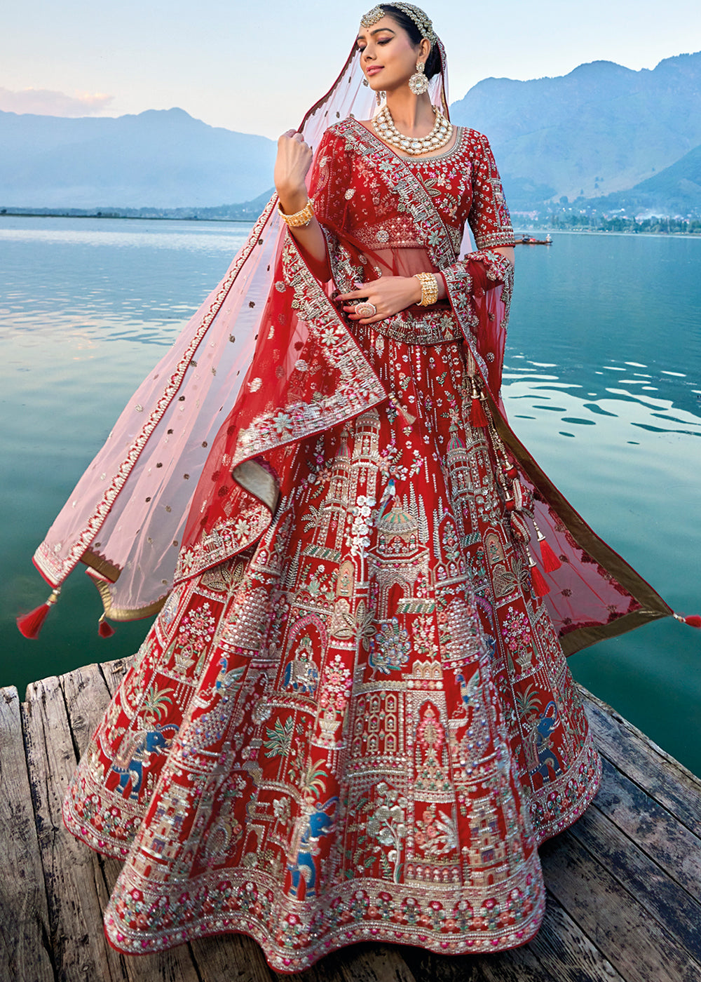 Carmine Red Banarasi Silk Bridal Lehenga Choli with Heavy Embroidery Work: Top Pick