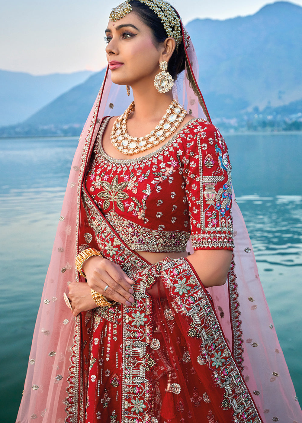 Carmine Red Banarasi Silk Bridal Lehenga Choli with Heavy Embroidery Work: Top Pick