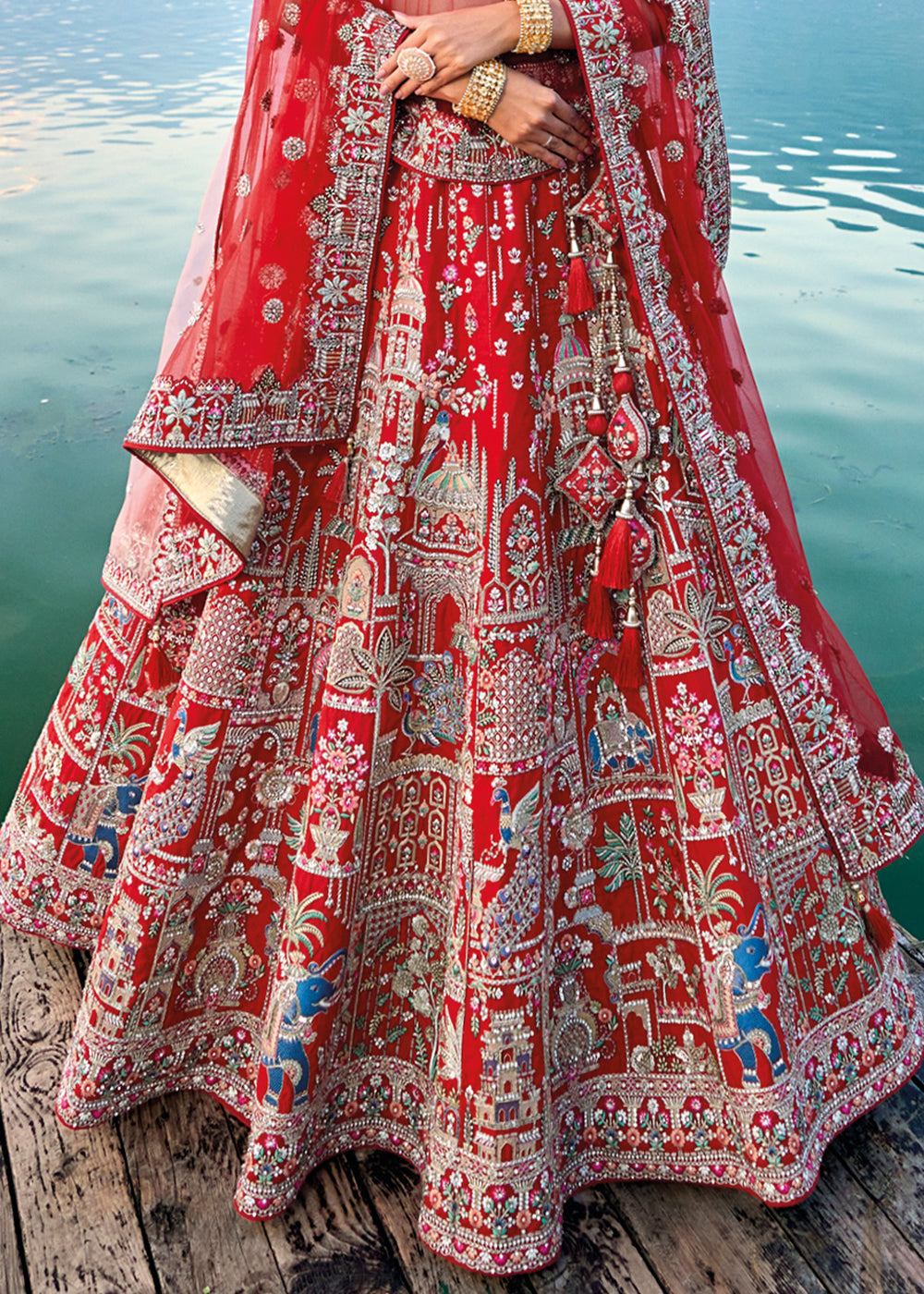 Carmine Red Banarasi Silk Bridal Lehenga Choli with Heavy Embroidery Work: Top Pick