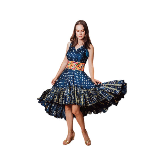 Evelyn Blue Bandhani Tte Dye Dress with Ruffle Trim
