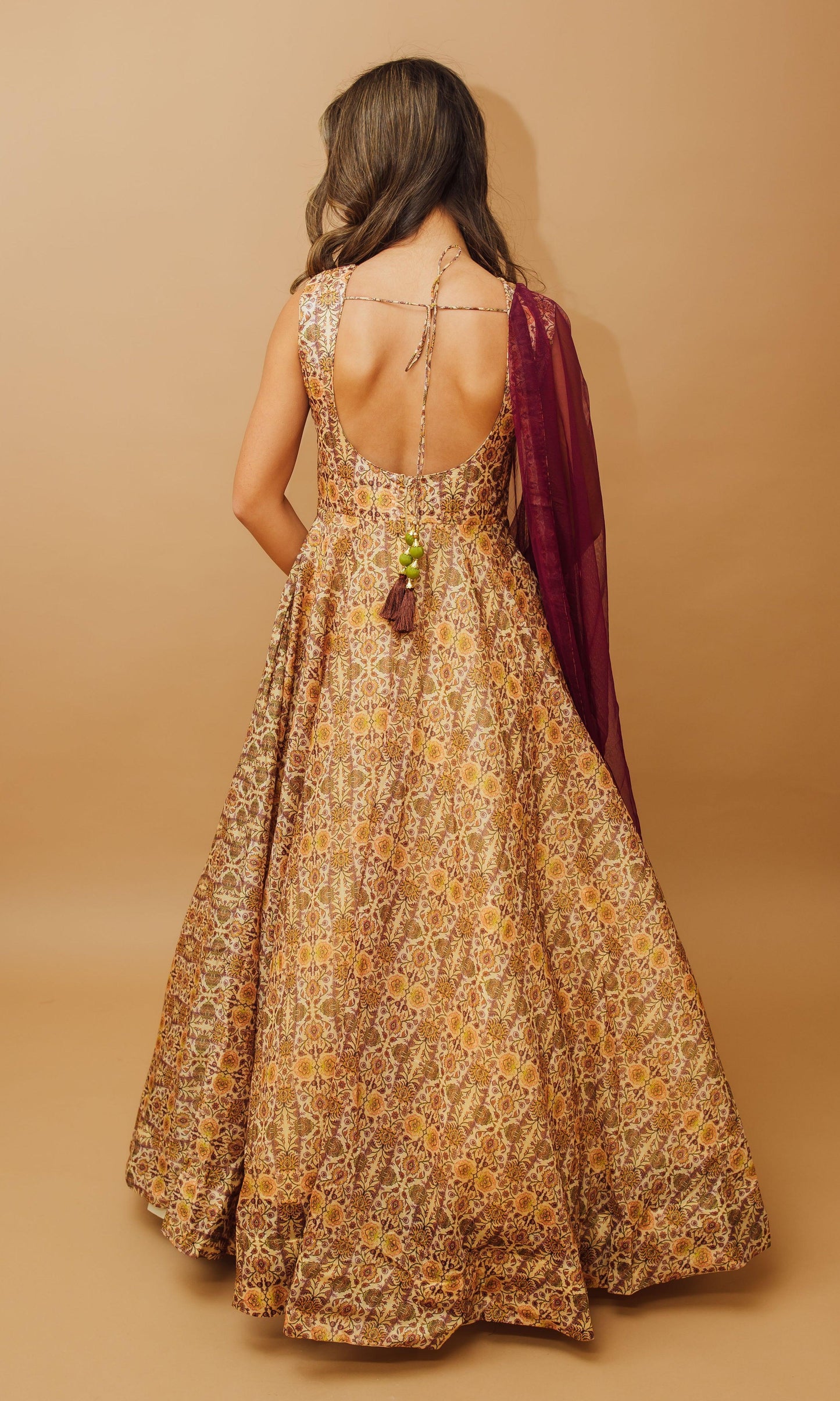 Ophir Biege Gown with Sequins Embroidery