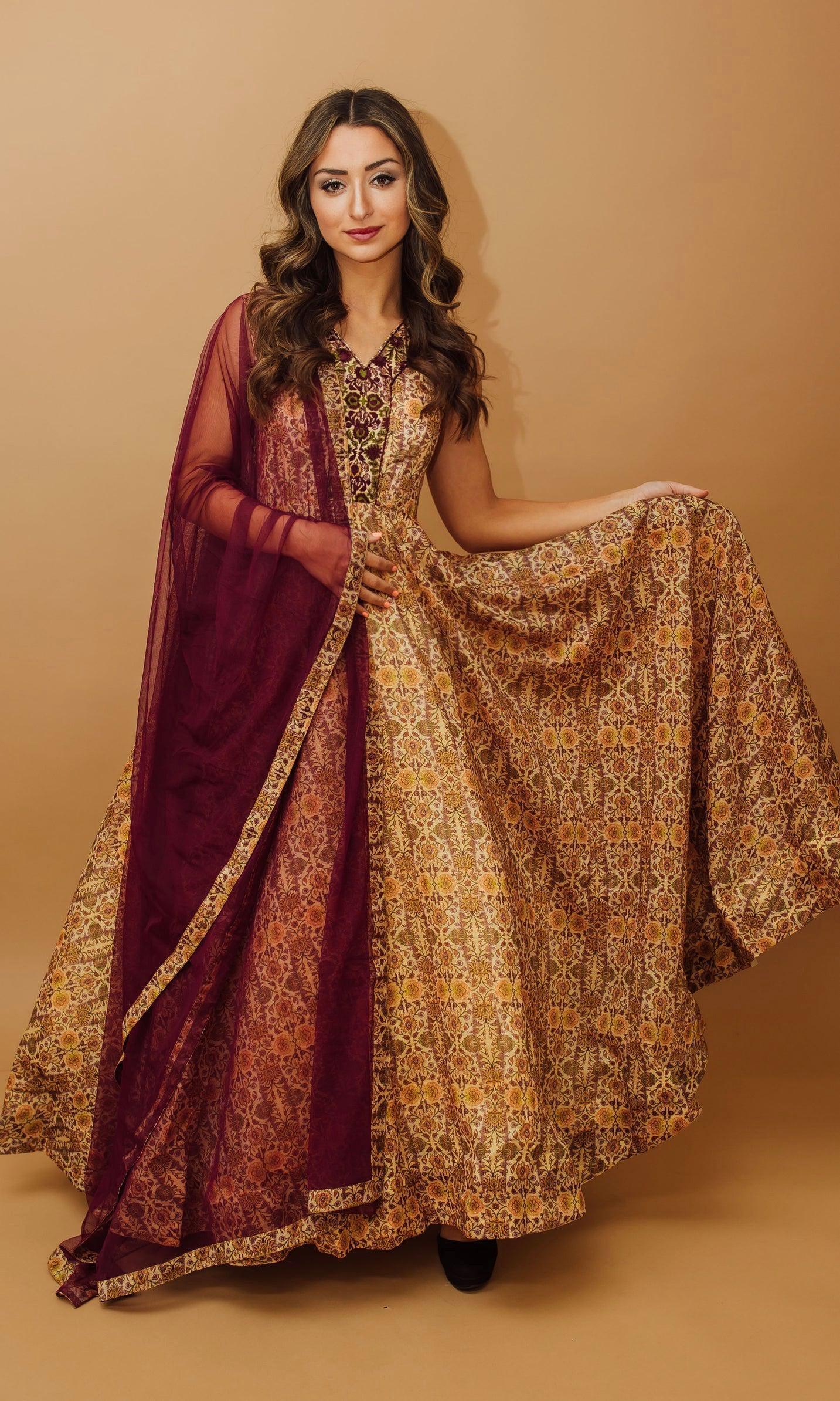 Ophir Biege Gown with Sequins Embroidery