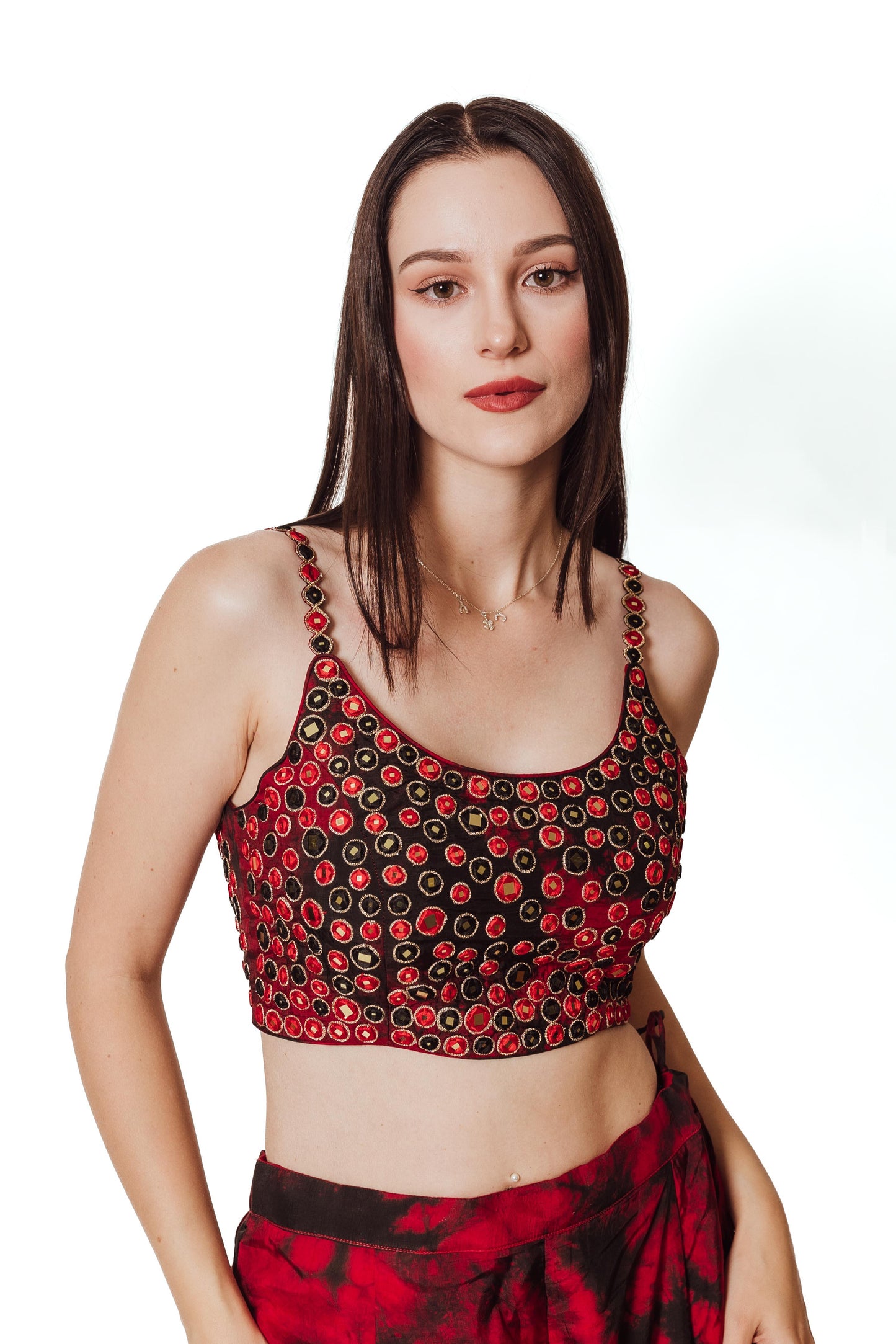 BLR1018 Juliana Lace Up Back Crop Top with Mirror Embroidery