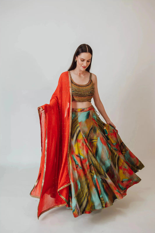 Vana Multicolor Silk Lehenga Choli Set with Beaded Blouse