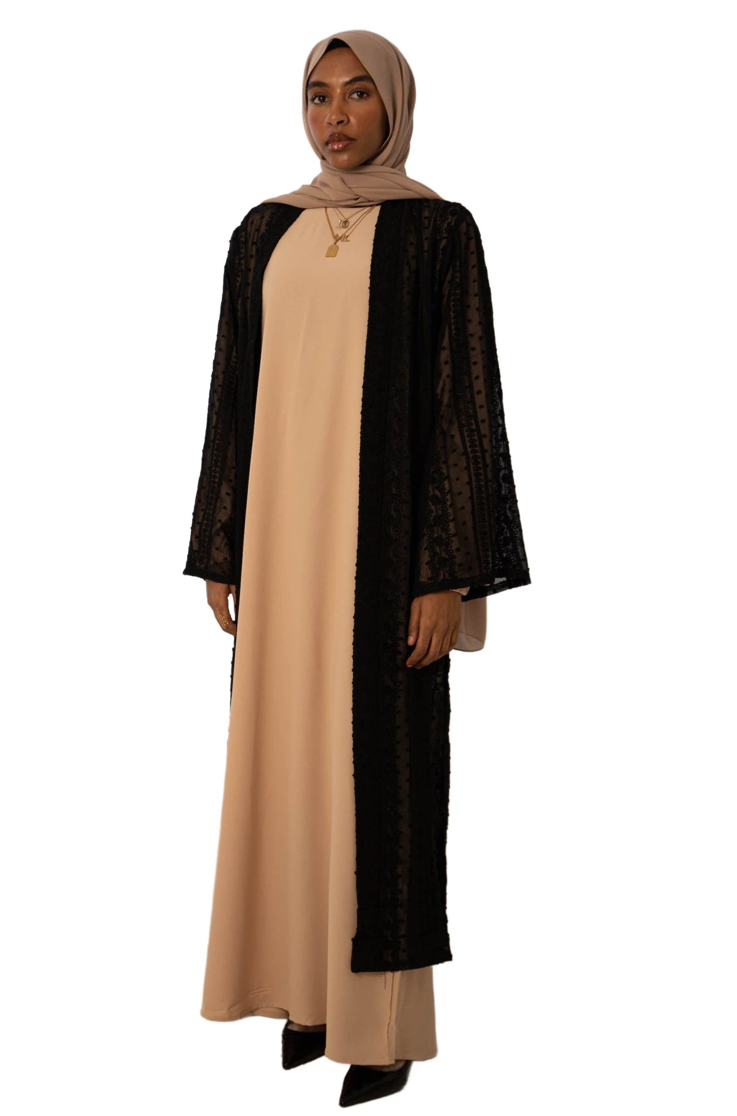 Black Boho Lace Embroidered Sheer Midi Cardigan