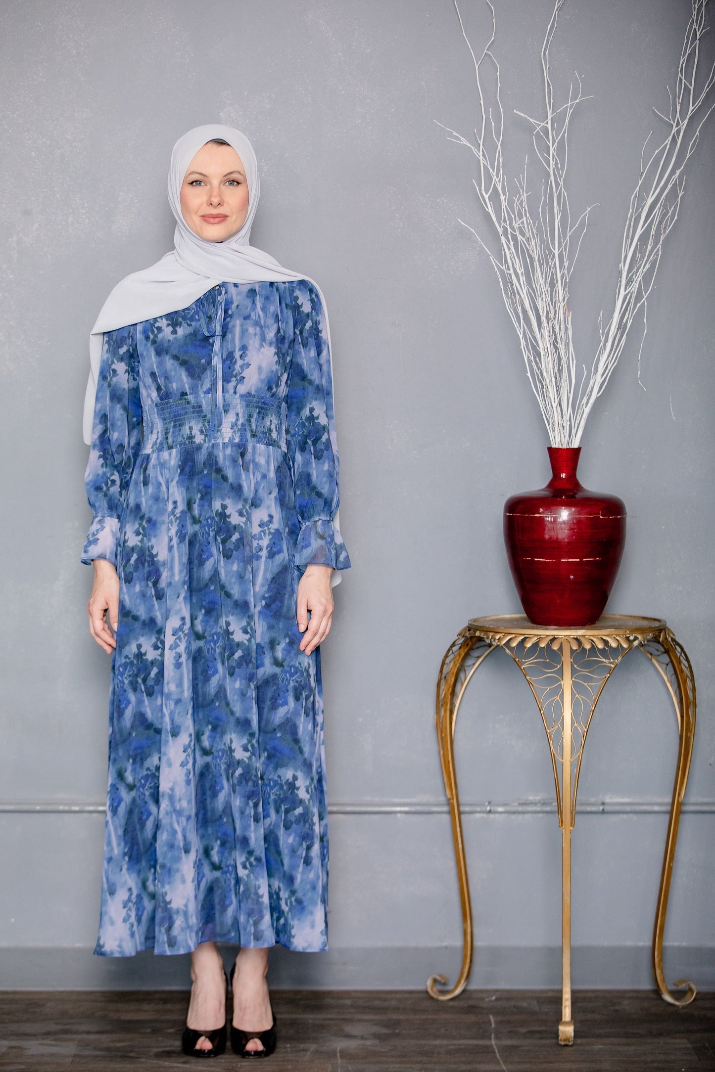 Blue Chiffon Bell Sleeve Dress-CLEARANCE