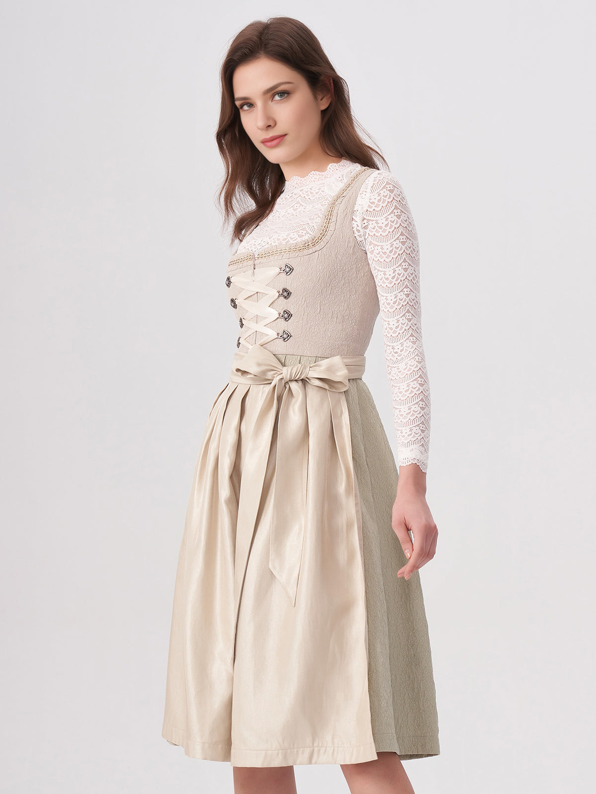 Damen Beige Zwei verdeckte Eingriffstaschen Floralem Muster Dirndl KATHARINA