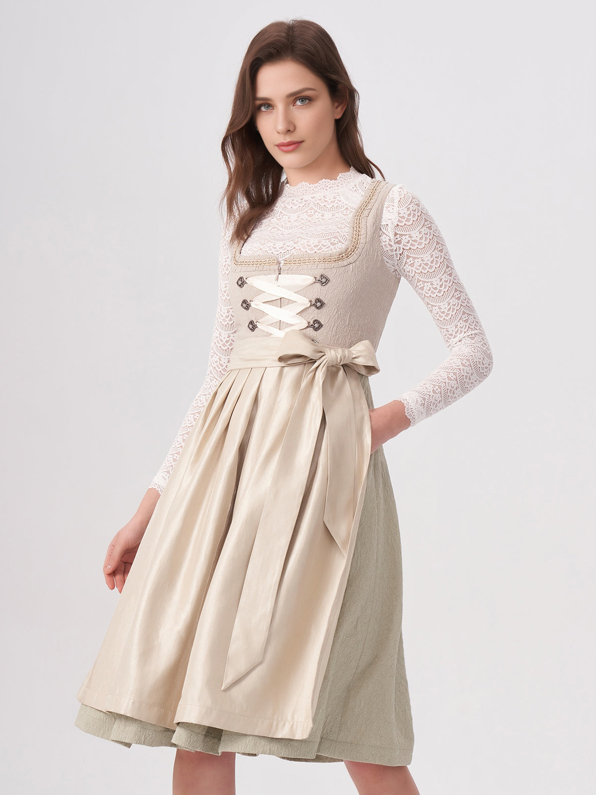 Damen Beige Zwei verdeckte Eingriffstaschen Floralem Muster Dirndl KATHARINA