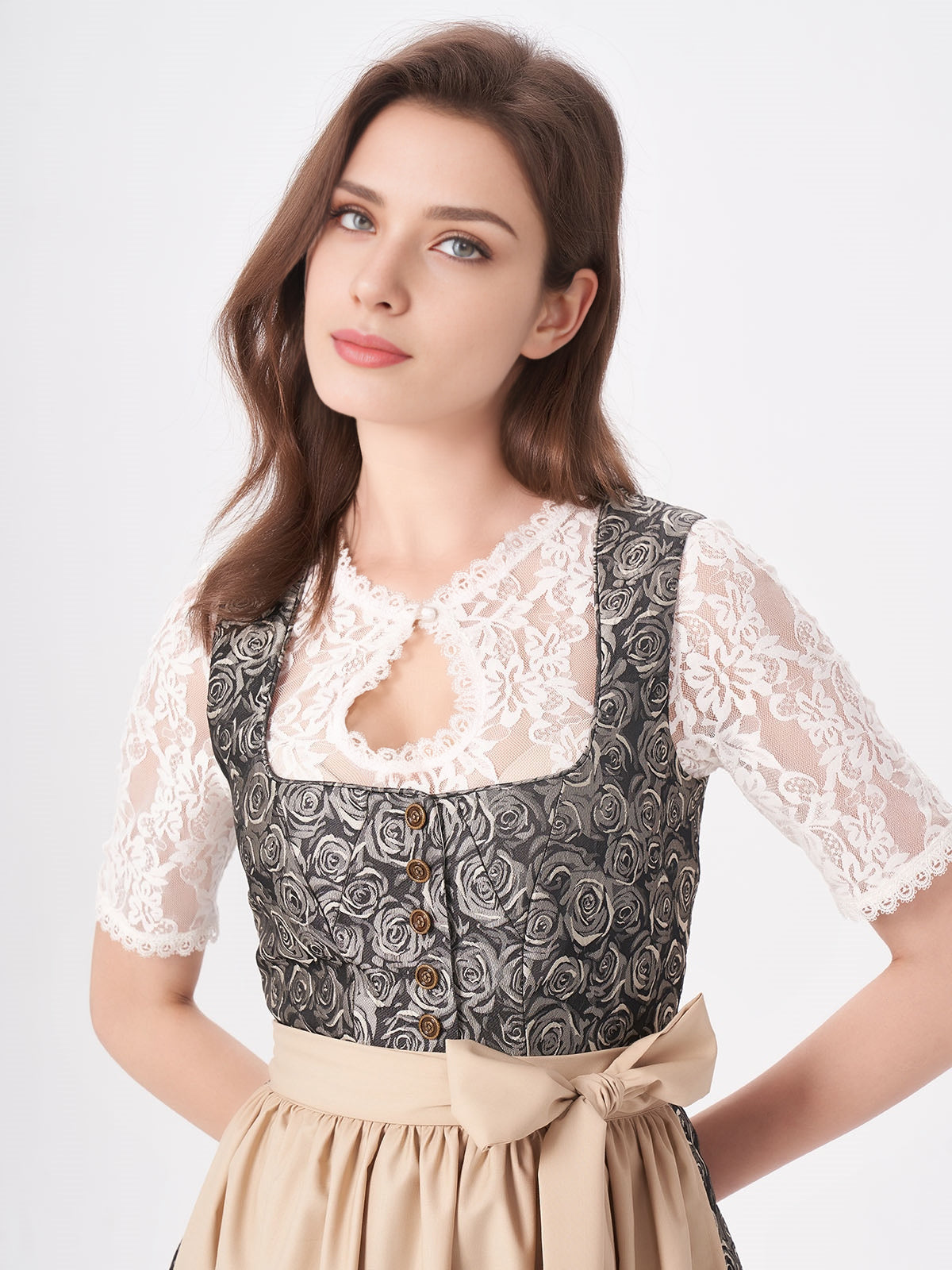 Damen Gelb Zwei verdeckte Eingriffstaschen Floralem Muster Dirndl NADINE