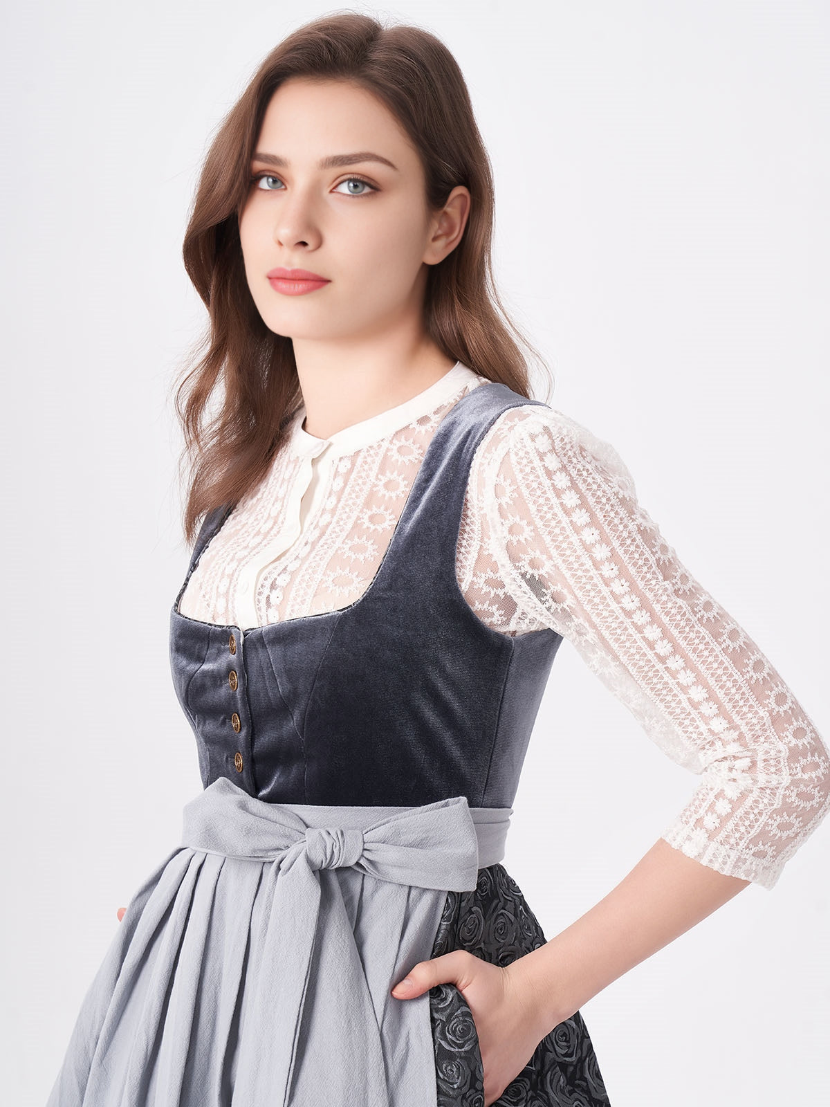 Damen Blau Zwei verdeckte Eingriffstaschen Floralem Muster Dirndl NICOLE