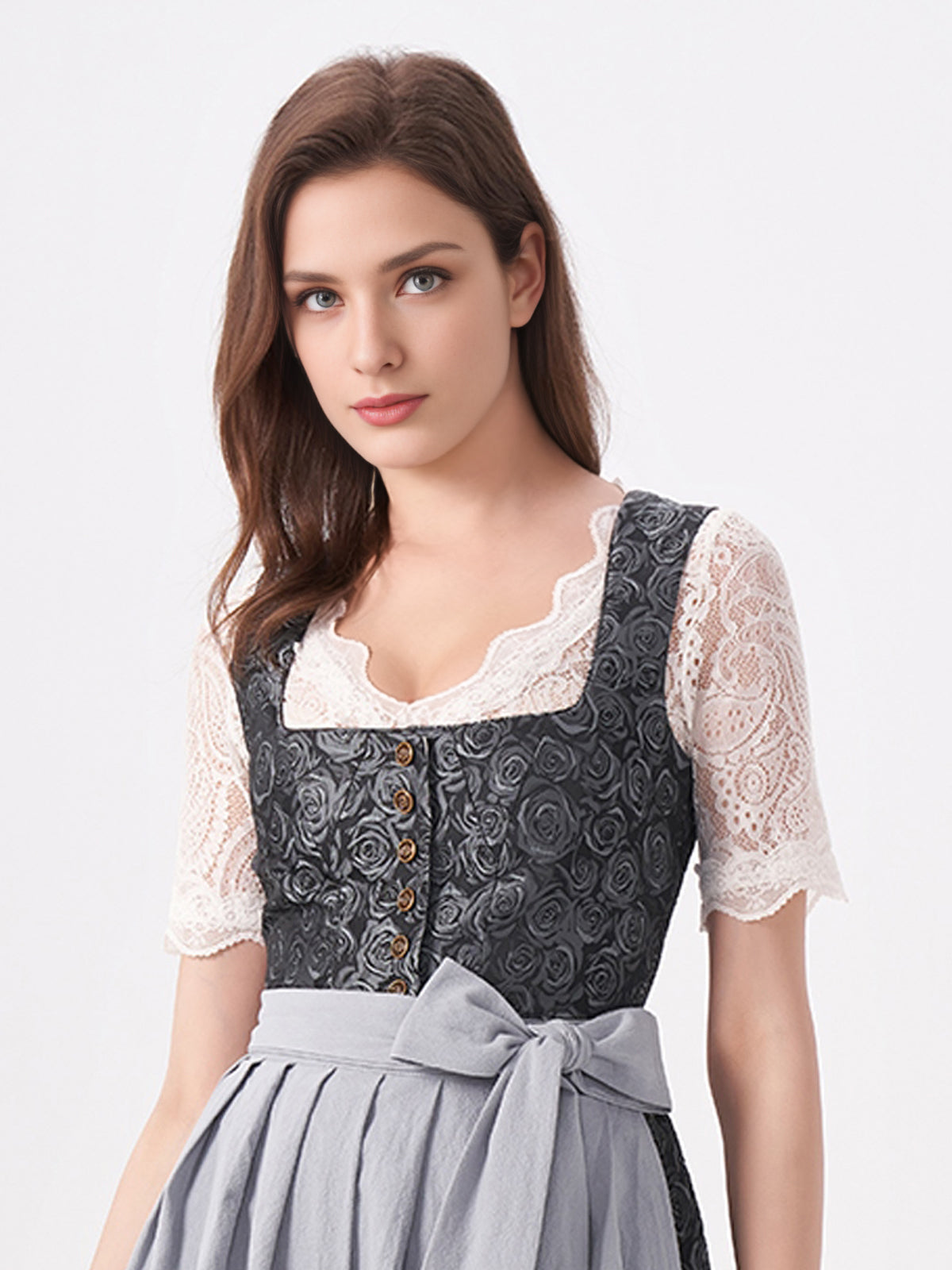 Damen Blau Zwei verdeckte Eingriffstaschen Floralem Muster Dirndl NADINE