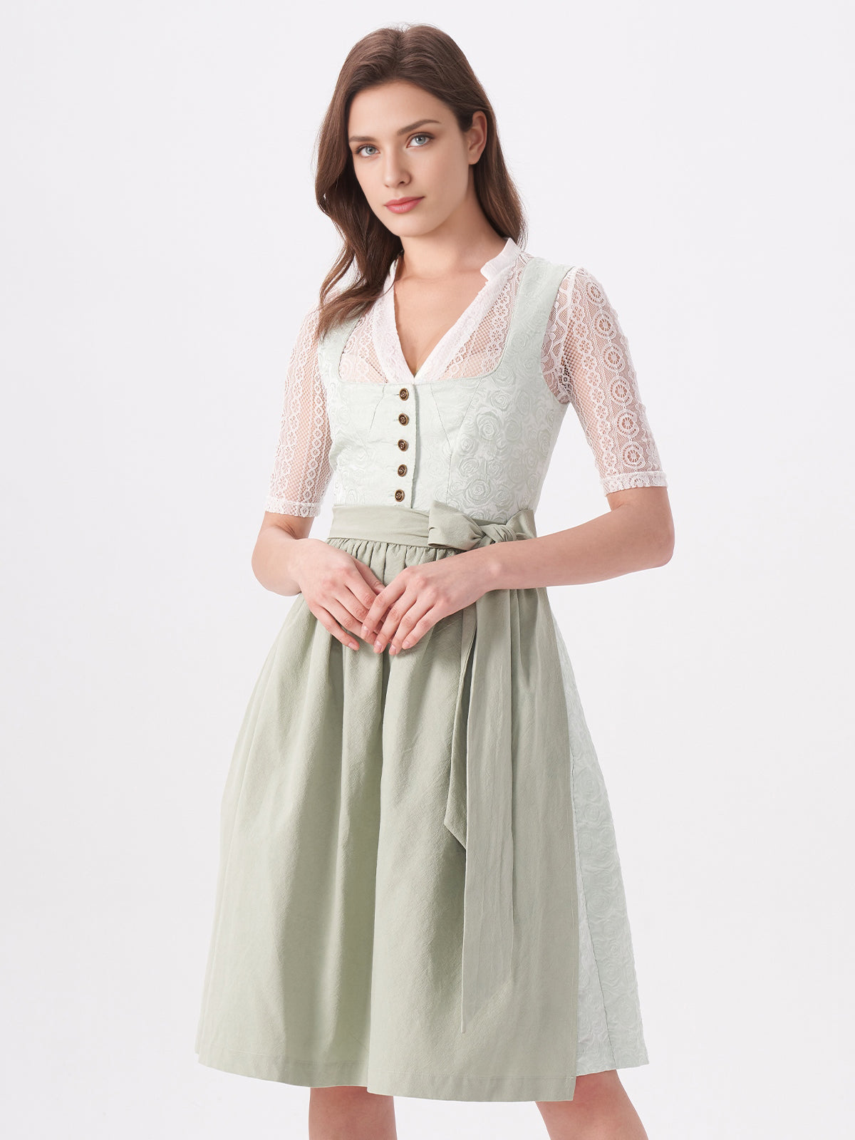 Damen Grün Zwei verdeckte Eingriffstaschen Floralem Muster Dirndl NADINE